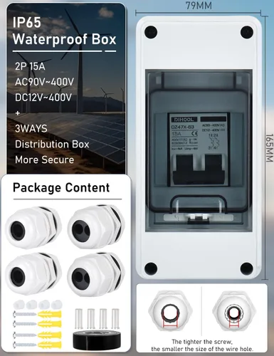 Vista 4 de DIHOOL Disyuntor miniatura de CA CC con caja DIN IP65, 15 amperios de doble polo 12V-400V, no polarizado, interruptor de desconexión del panel
