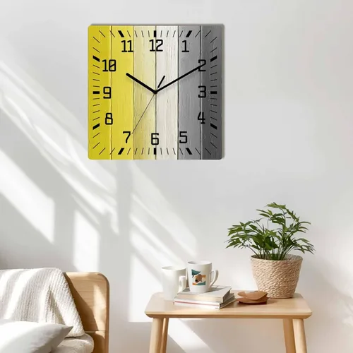 Vista 2 de Reloj de pared de madera amarillo negro blanco silencioso, sin tictac, color granja, reloj de pared cuadrado de madera degradado, funciona