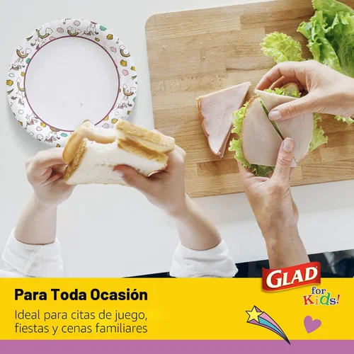 Vista 5 de Glad para Niños Platos de Papel Desechables Redondos con Temática de Unicornio - Resistentes, A Prueba de Absorción, Platos Aptos para Microondas
