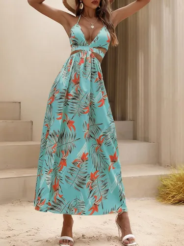 Vista 6 de MakeMeChic Vestido largo de verano con cuello en V profundo y abertura en la espalda abierta para mujer