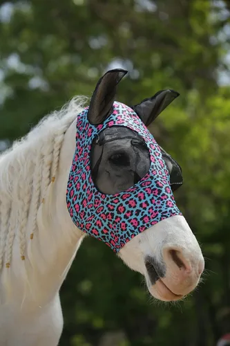 Vista 5 de Máscara de mosca de caballo UV mejorada con orejas, protector solar equino, licra silenciosa, elástica, con protección para los oídos