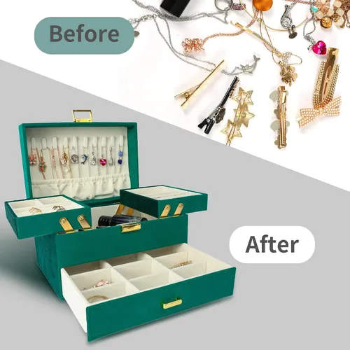 Vista 5 de Dajasan Jewelry Box for Women 3 Layers Large Velvet Jewelry Organizer Jewelry Storage Organizer Jewelry Case for Earring Ring Necklace Bracelets