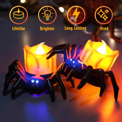 Vista 2 de Paquete de 6 velas LED sin llama de Halloween, velas LED de araña 3D con luz amarilla y morada cálida brillante, funciona con pilas, luces LED