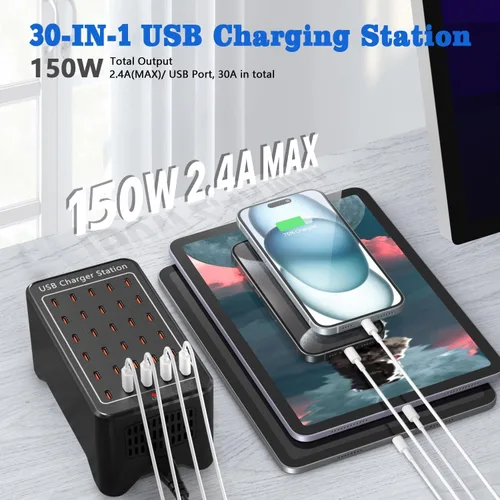 Vista 3 de Estación de carga USB C de 150 W, bloque de cargador USB de 30 puertos, concentrador de carga USB, cargador USB C multipuerto, cargador