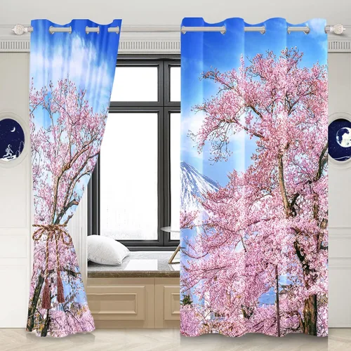 Vista 3 de Renaiss Cortinas de ventana con diseño de cerezo Fuji, tratamiento de ventana de cielo azul, flores rosas, cortinas opacas de privacidad para hombre