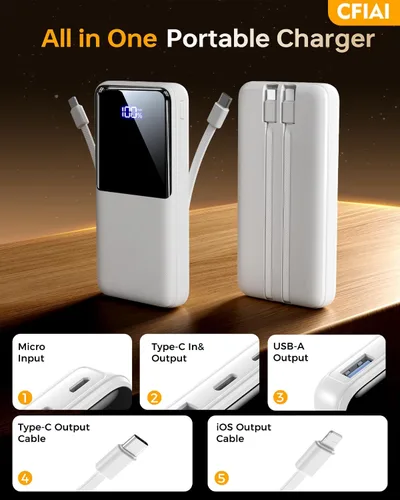 Vista 7 de Banco de Energía Cargador Portátil - Paquete de Batería de 15,000mAh Cargador de Teléfono Portátil con Cable Integrado 22.5W Carga Rápida Powerbank