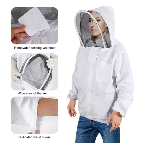 Vista 3 de Chaqueta de apicultura para hombres y mujeres, chaqueta de abeja de polialgodón con capucha de velo, chaqueta de apicultor, suite de apicultor