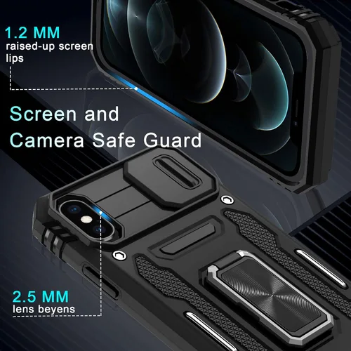 Vista 94 de DEERLAMN Funda para iPhone Xs Max con funda deslizante para cámara + protector de pantalla, soporte giratorio de anillo de grado militar a prueba