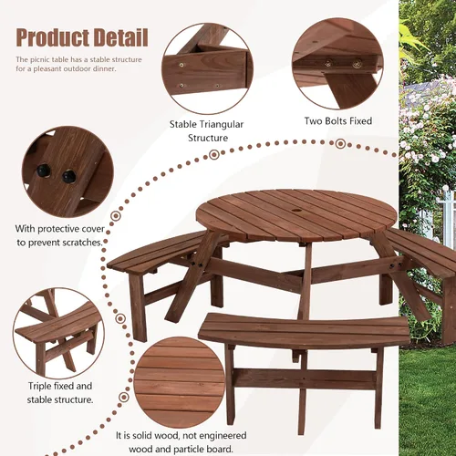 Vista 7 de Mesa de picnic de madera para 6 personas, mesa circular de picnic de madera para exteriores, mesa de comedor con 3 bancos, mesa exterior y banco 6
