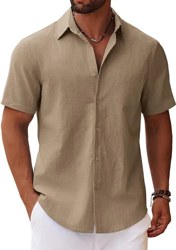 Vista 12 de COOFANDY Camisa de manga corta con botones para hombre, casual, de algodón, para verano, playa, lino, para boda, con bolsillo