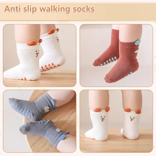 Vista 5 de Adorable diseño de animales de dibujos animados calcetines de algodón antideslizantes para bebés, 5 pares de calcetines antideslizantes para niños