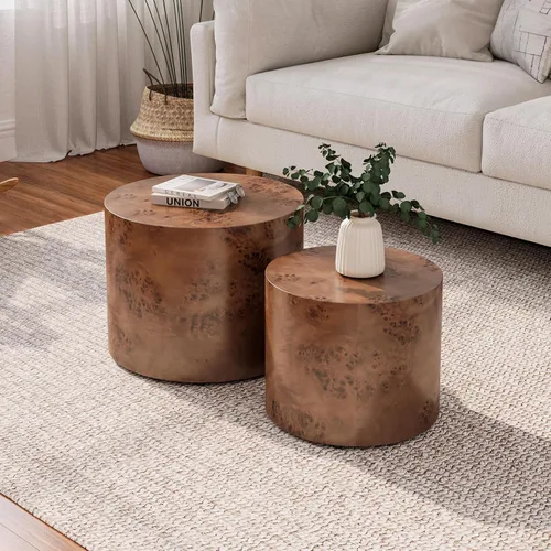 Vista 16 de Juego de 2 mesas de centro anidadas, modernas mesas de centro redondas de madera, mesa auxiliar decorativa para espacios pequeños, sala de estar