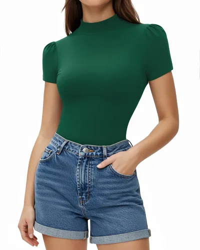 Vista 24 de MANGOPOP - Camiseta de cuello alto falso de manga 3/4 ajustada para mujer 03 Negro