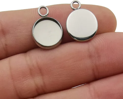 Vista 3 de 50 piezas ajustadas para bandejas colgantes de cabujón con bisel redondo en blanco de acero inoxidable de 10 mm para joyería (10161-10mm-50pcs)