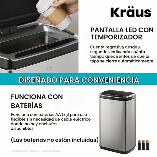 Vista 7 de Kraus GarbagePro Bote de basura rectangular de 13 galones manos libres con sensor de movimiento operado por batería en acabado negro mate con tapa