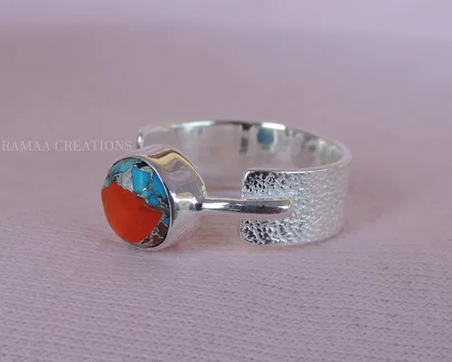 Vista 8 de Spiny Oyster Copper Turquoise Ring Handmade Round Turquoise Silver Ring Statement Handmade Jewelry Sterling Silver 925
