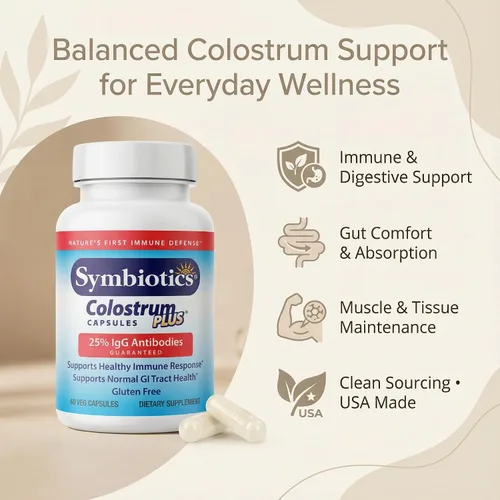 Vista 4 de Symbiotics Calostro 60 cápsulas vegetales - Apoyo inmunológico - Suplemento de lactoferrina y proteína de calostro con inmunoglobulina - 25%