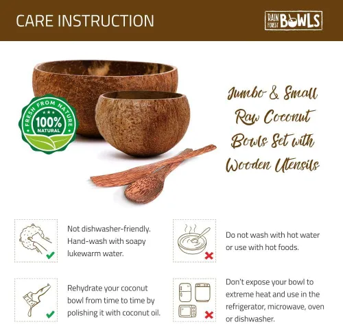 Vista 5 de Rainforest Bowls 2 cuencos de coco crudo ecológicos (pequeños y jumbo) con 2 tenedores de madera de coco, 100% natural, juego de cocina orgánico