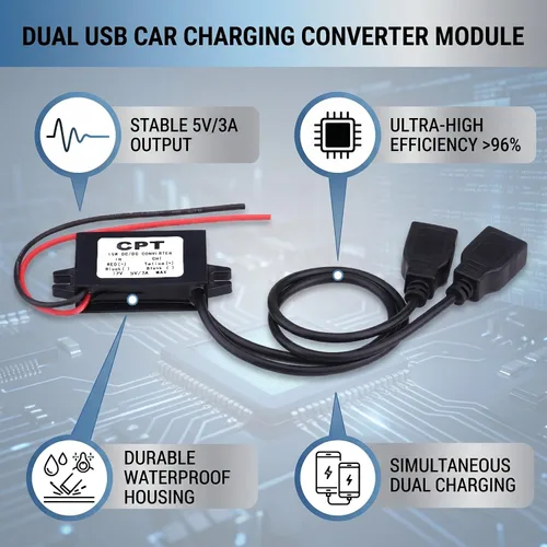 Vista 4 de Keenso Convertidor CC 3A DC 12V a CC 5V Adaptador USB dual Módulo convertidor de corriente dual Convertidor de CC a CC, módulo de suplemento