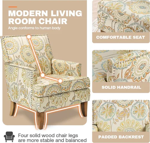 Vista 9 de Sofá con acento floral, silla con respaldo alado, cómoda silla de club, silla individual tapizada con brazos de lectura para sala de estar