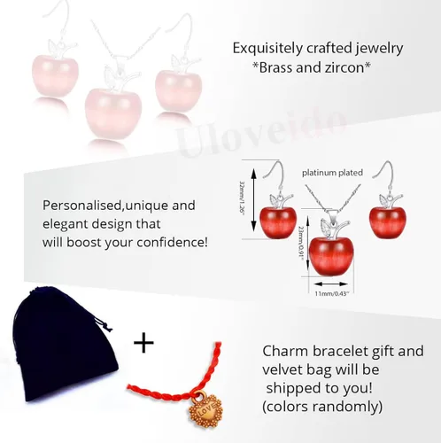 Vista 7 de Uloveido Juego de collar y aretes de manzana para mujeres y niñas, bonito juego de joyas de manzana para profesora, mamá YL007, Cristal, Circonita