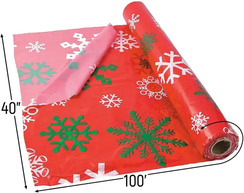 Vista 2 de Fun Express Rollo de mantel estampado de copo de nieve rojo para Navidad (100 pies de largo y desechable) suministros de fiesta