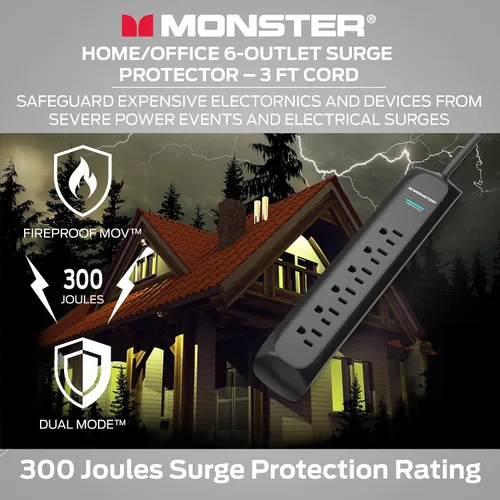 Vista 2 de Monster Regleta negra de 3 pies y protector contra sobretensiones de torre, protección resistente, clasificación de 300 julios y 6 salidas de 120 V