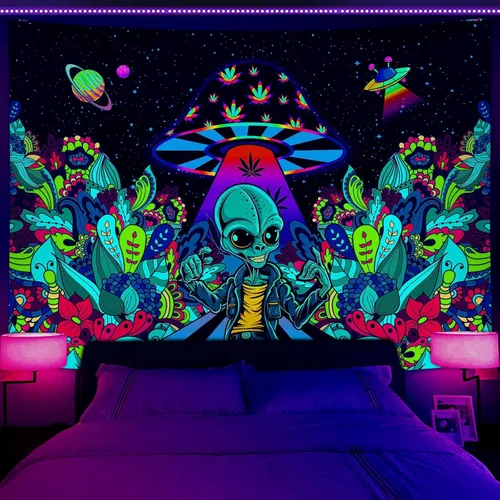 Vista 13 de JAWO Tapices alienígenas geniales, tapiz mágico psicodélico de hongos psicodélicos OVNI para colgar en la pared, decoración del hogar