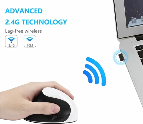 Vista 2 de Sunffice Ratón para zurdos, ergonómico vertical recargable 2.4G inalámbrico con receptor USB, 6 botones, 3 DPI ajustables 80012001600