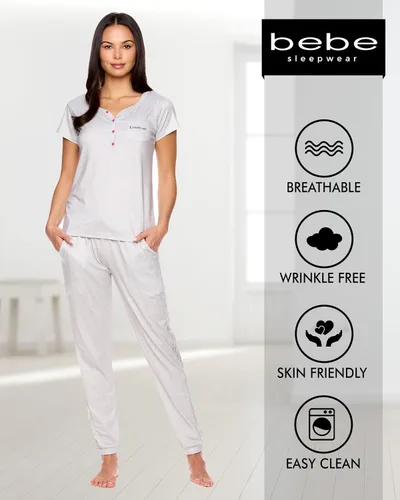 Vista 4 de bebe Conjunto de pijama para mujer, camisa de manga corta con pantalones de encaje para mujer