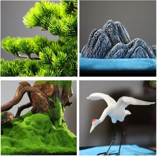 Vista 3 de TOMYEUS Árboles artificiales para interiores, árbol de bonsái artificial, grúa de cerámica blanca, rocalla de cerámica y arena fina azul, decoración