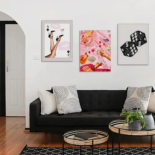 Vista 3 de Juego de 3 arte de pared de dados de póker enmarcados en blanco y negro, impresiones en lienzo estéticas retro Y2K, fotos de póster rosa de moda