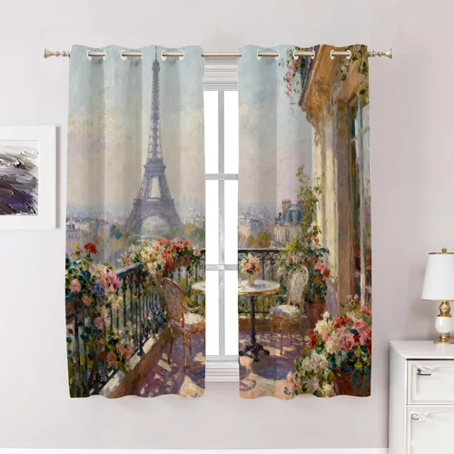 Vista 23 de Cortinas opacas de cocina con pintura al óleo de Europa rosa y negra para ventanas, cenefas opacas modernas de torre Eiffel de poliéster multicapa