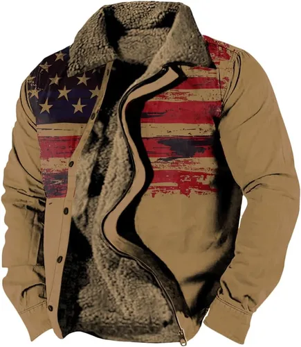 Vista 23 de LOAIHA Chaqueta de invierno para hombre, chaqueta de bandera estadounidense, abrigos occidentales para hombre, con cremallera, forro polar cálido