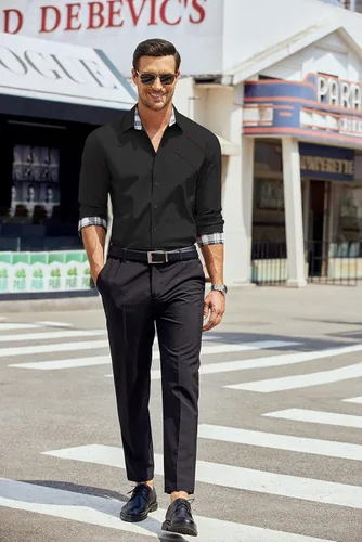 Vista 3 de COOFANDY Camisas de vestir de algodón para hombre, manga larga, cuello a cuadros, ajuste delgado, casual, con botones