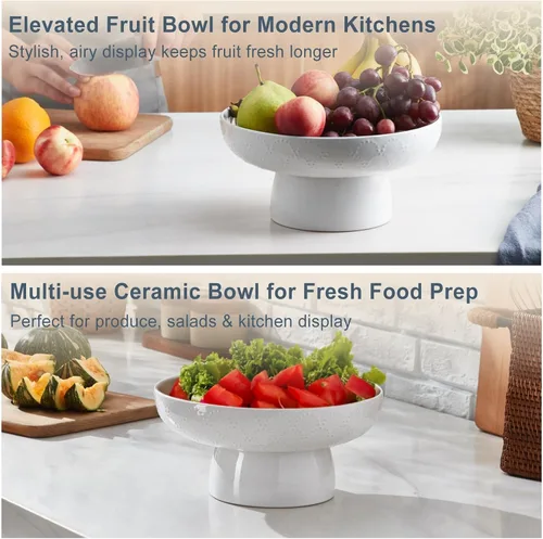 Vista 6 de ONEMORE Frutero de cerámica de 10 pulgadas, tazón grande de pedestal blanco con diseño de patas extraíbles y agujeros de drenaje para encimera