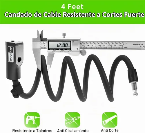 Vista 6 de Bloqueo de scooter de 4 pies – Bloqueo de cable antirrobo con soporte de montaje, se adapta a scooter eléctrico, bicicleta de carretera, bicicleta