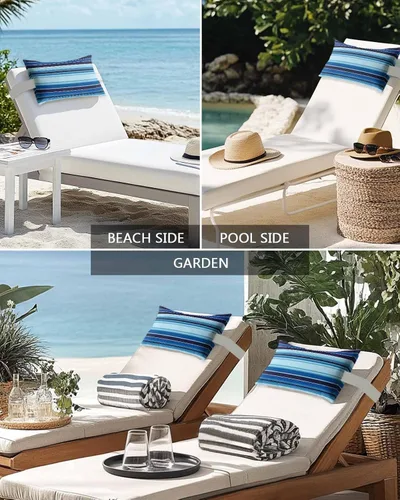 Vista 5 de Almohada reclinable para la cabeza con relleno, almohadas coloridas de estilo mexicano a rayas azul claro con correa ajustable, almohadas de patio