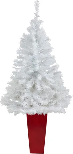 Vista 3 de Nearly Natural Árbol de Navidad artificial blanco de 4.5 pies con 100 luces LED transparentes en maceta roja