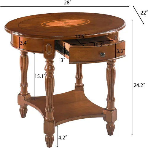 Vista 2 de PADMA HOUSE Mesa auxiliar ovalada de madera tradicional con cajón, mesa auxiliar de sofá para sala de estar con acabado de cera de abeja con estante