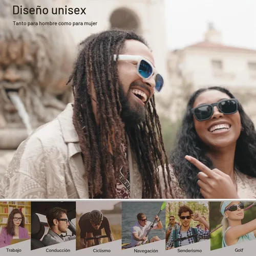 Vista 2 de OhO Gafas inteligentes, gafas de sol polarizadas con altavoz Bluetooth, protección UV para atletismo/exteriores y control de voz, unisex (lente gris)