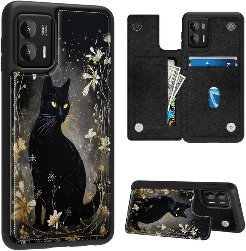 Vista 7 de FUYOCWE Funda para Motorola Moto G Stylus 5G 2023 con tarjetero, diseño de gato negro con diseño floral dorado de piel sintética con ranura