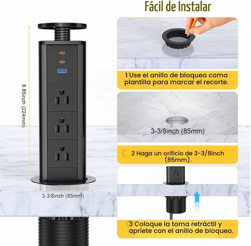 Vista 7 de Kungfuking Toma de corriente desplegable para encimera, enchufe con 3 salidas de CA y 2 PD 20 W USB-C y 1 puerto USB, oficina de conferencias