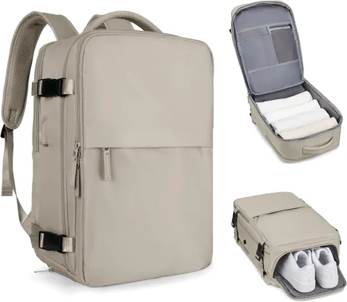 Vista 60 de Mochila de viaje grande, bolsa de mano, aprobada para aviones, para artículos personales, para hombre o mujer, color beige con marrón