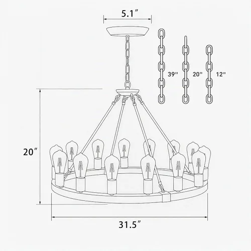 Vista 3 de Candelabro de Rueda de Vagón de Madera de 15 Luces, Candelabro de Granja Rústico Vintage con Bombillas E26, 32" Candelabro Industrial