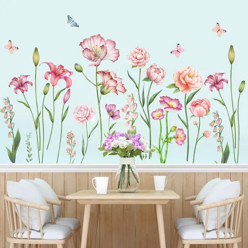 Vista 4 de Amaonm - Adhesivo de pared extraíble de flores frescas y mariposa voladora, libélula azul, rosa, lirio, amapola, peonía, floral, calcomanía de pared