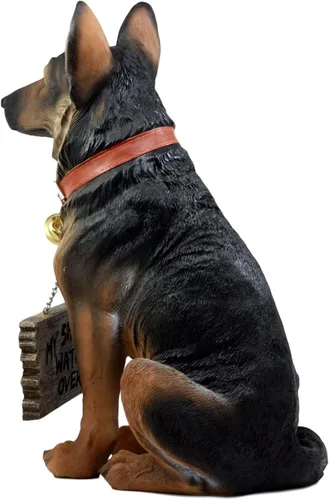 Vista 5 de Ebros Old Faithful - Estatua de perro de pastor alemán con collar de cascabel y letrero de bienvenida para patio