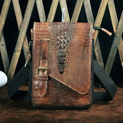 Vista 4 de Le'aokuu Riñonera de cuero genuino para hombre, bolso de hombro pequeño mensajero para teléfono, cinturón, Camel de cocodrilo grande