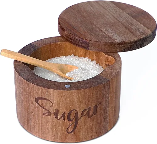 Vista 9 de Cajas de especias de madera de acacia con cubierta giratoria para encimera de cocina, conservador de sal con cuchara integrada, moderno decorador