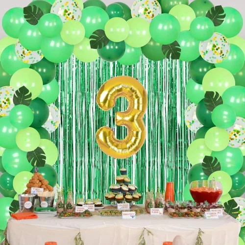Vista 4 de Decoraciones de dinosaurio de tercer cumpleaños para niños, kit de guirnalda de globos de dinosaurio, 3 globos de aluminio REX, hojas artificiales